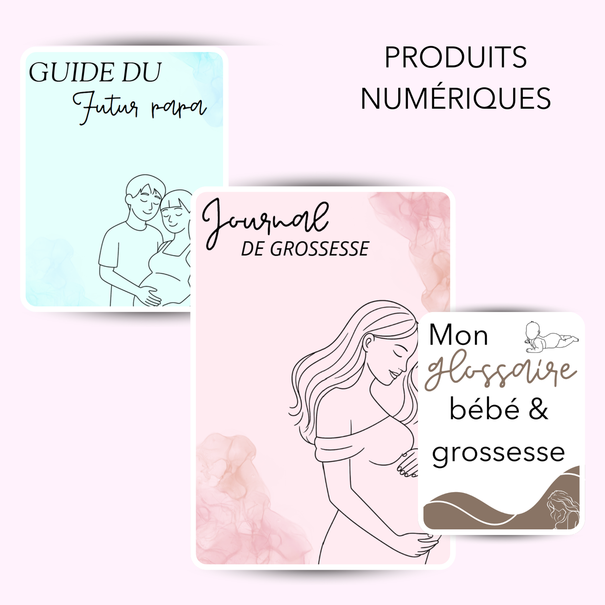 Produits numériques téléchargeables : guides, journal de grossesse et coloriages