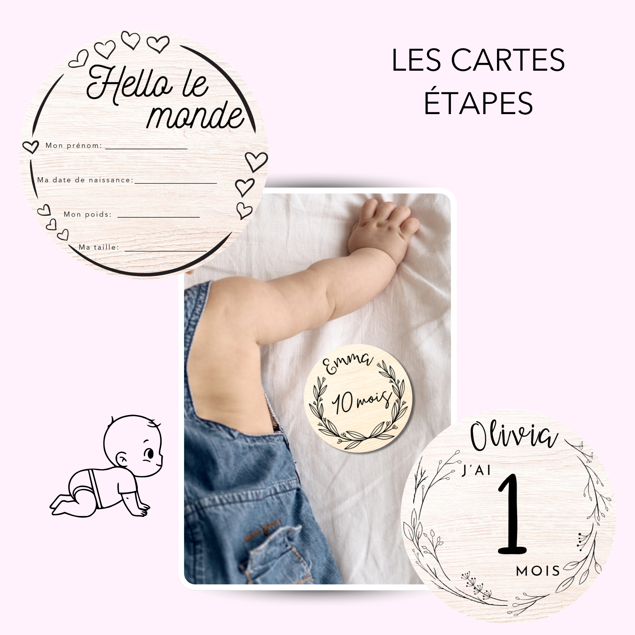 Carte étape en bois pour photo mensuelle de bébé
